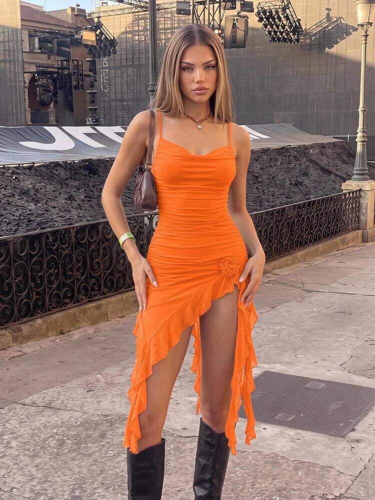 Sweetina Drawstring Ruched Asymmetrical Hem Cami Dress - Orange - View 2