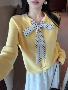 DAZY Autumn Winter Round Neck Polka Dot Bowknot Long Sleeve Yellow Sweet Cute Casual Commute Date Knit Cardigan Sweater For Women - Yellow - View 2