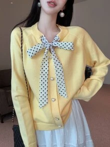 DAZY Autumn Winter Round Neck Polka Dot Bowknot Long Sleeve Yellow Sweet Cute Casual Commute Date Knit Cardigan Sweater For Women - Yellow - View 5