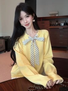 DAZY Autumn Winter Round Neck Polka Dot Bowknot Long Sleeve Yellow Sweet Cute Casual Commute Date Knit Cardigan Sweater For Women - Yellow - View 3