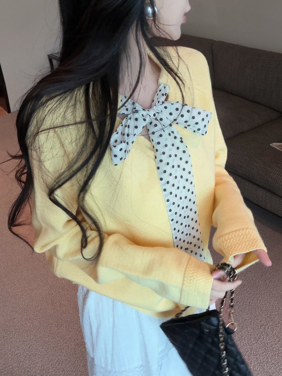 DAZY Autumn Winter Round Neck Polka Dot Bowknot Long Sleeve Yellow Sweet Cute Casual Commute Date Knit Cardigan Sweater For Women - Yellow - View 1