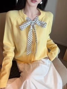 DAZY Autumn Winter Round Neck Polka Dot Bowknot Long Sleeve Yellow Sweet Cute Casual Commute Date Knit Cardigan Sweater For Women - Yellow - View 7