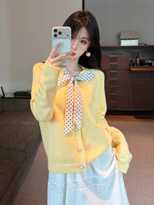 DAZY Autumn Winter Round Neck Polka Dot Bowknot Long Sleeve Yellow Sweet Cute Casual Commute Date Knit Cardigan Sweater For Women - Yellow - View 4