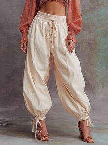 SHEIN Bagian pinggangnya menggunakan karet elastis + tali serut. Celana longgar model lentera ini cocok untuk dipakai sehari-hari. - Aprikot - View 4