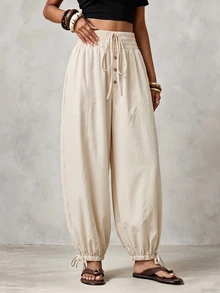 SHEIN Bagian pinggangnya menggunakan karet elastis + tali serut. Celana longgar model lentera ini cocok untuk dipakai sehari-hari. - Aprikot - View 6