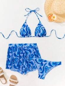 SHEIN Swim 3pcs/Set Random Printed Bikini Swimwear For Beach/Vacation For Summer - Royal Blue - View 7