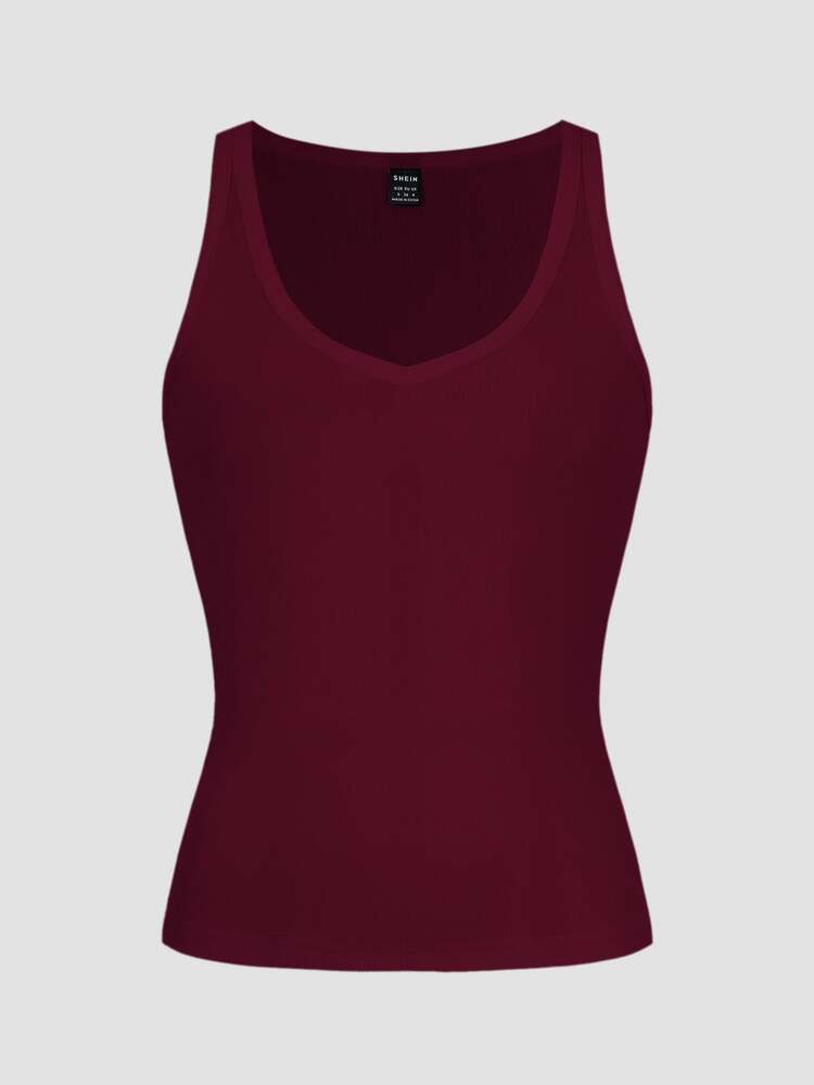 SHEIN Tank Top Olahraga Rajut Warna Polos Kasual Serbaguna - Burgundy - View 9