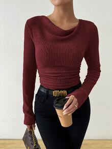 SHEIN 复古不对称垂褶领口纹理褶皱修身长袖 T 恤 - 酒紅色 - 查看 10