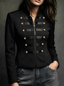 SHEIN Jaket Wanita Bergaya Retro Napoleon dengan Kancing Ganda Logam, Kerah Tegak, dan Potongan Pas Badan - Sempurna untuk Pesta, Konser, dan Pakaian Sehari-hari; Jaket Musim Gugur yang Elegan - Hitam - View 2