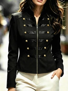 SHEIN Jaket Wanita Bergaya Retro Napoleon dengan Kancing Ganda Logam, Kerah Tegak, dan Potongan Pas Badan - Sempurna untuk Pesta, Konser, dan Pakaian Sehari-hari; Jaket Musim Gugur yang Elegan - Hitam - View 7