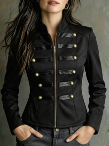 SHEIN Jaket Wanita Bergaya Retro Napoleon dengan Kancing Ganda Logam, Kerah Tegak, dan Potongan Pas Badan - Sempurna untuk Pesta, Konser, dan Pakaian Sehari-hari; Jaket Musim Gugur yang Elegan - Hitam - View 6