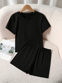 SHEIN 青少年女孩 2件組圓領夏季運動風黑色短袖T恤短褲套裝，適合海灘健身房運動、瑜伽、休閒穿搭，Y2K風格 - 黑色 - 查看 7