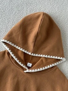 SHEIN 女童秋冬休閒極簡風針織純色刺繡圖案裝飾長袖羅紋收腰連帽上衣與前中線刺繡長褲2件套運動衫套裝 - 棕色 - 查看 5
