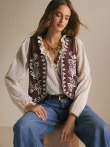 Poéselle Áo vest blazer nữ họa tiết resort hở trước, áo khoác layer phong cách boho country cho trang phục thường ngày và lễ hội du lịch - màu nâu - Xem 7