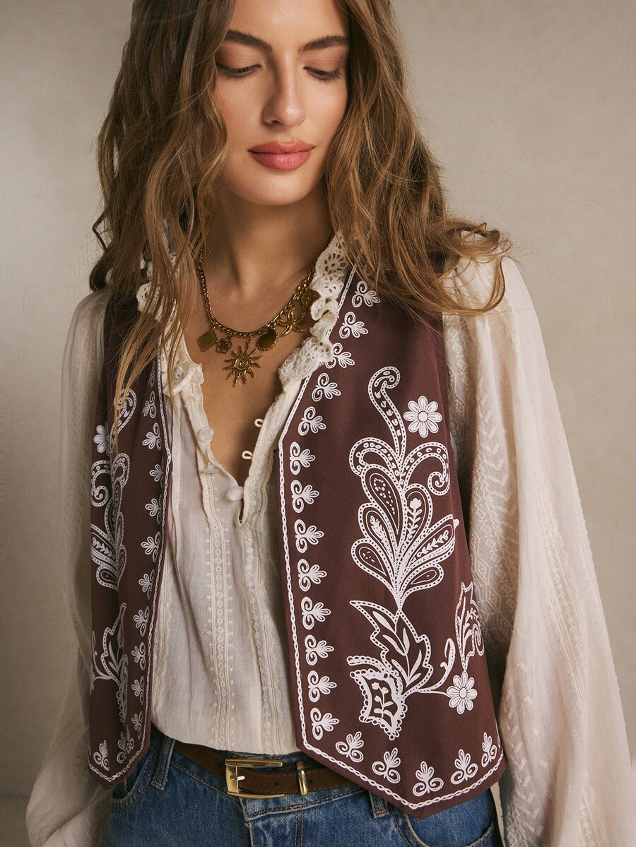 Poéselle Áo vest blazer nữ họa tiết resort hở trước, áo khoác layer phong cách boho country cho trang phục thường ngày và lễ hội du lịch - màu nâu - Xem 1
