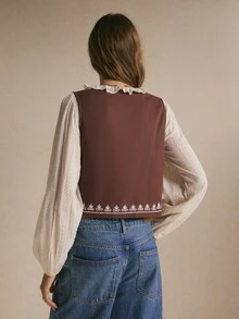 Poéselle Áo vest blazer nữ họa tiết resort hở trước, áo khoác layer phong cách boho country cho trang phục thường ngày và lễ hội du lịch - màu nâu - Xem 4