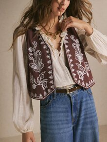 Poéselle Áo vest blazer nữ họa tiết resort hở trước, áo khoác layer phong cách boho country cho trang phục thường ngày và lễ hội du lịch - màu nâu - Xem 3
