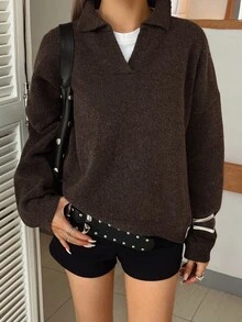 DAZY 女款棕色針織毛衣， Polo領，長袖，純色，極簡風，寬鬆版型，休閒，街頭風，日常穿搭，百搭，秋冬 - 棕色 - 查看 2