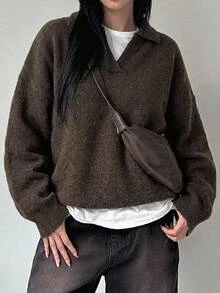 DAZY 女款棕色針織毛衣， Polo領，長袖，純色，極簡風，寬鬆版型，休閒，街頭風，日常穿搭，百搭，秋冬 - 棕色 - 查看 9