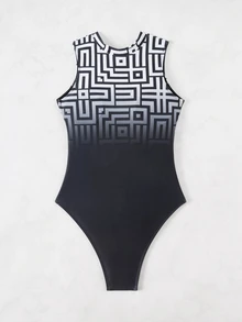 Swim SPRTY 1pc Plaid Ombre Print Front Zipper Side Black Splice Design Sports Inspired One-Piece Swimsuit For Summer Beach Vacation - Black - View 7