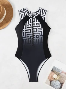 Swim SPRTY 1pc Plaid Ombre Print Front Zipper Side Black Splice Design Sports Inspired One-Piece Swimsuit For Summer Beach Vacation - Black - View 6