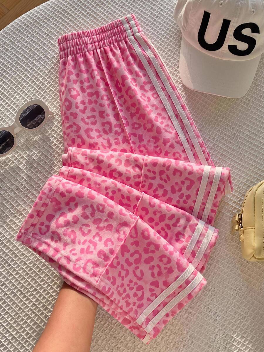 Comfortcana Plus Size Pink Leopard Print Colorblock Pocket Pants Gym Vacation Autumn Soft Fall - Pink - View 1