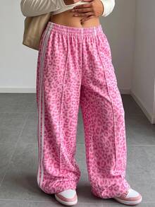 Comfortcana Plus Size Pink Leopard Print Colorblock Pocket Pants Gym Vacation Autumn Soft Fall - Pink - View 3
