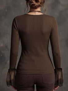 SHEIN Women's Autumn And Winter Retro Style Lace V-Neck Bell Sleeve Ribbed Slim-Fit Base Layer Top, Double Lace V-Necks, Long Sleeve Ends, Heavy-Duty Lace B - Coffee Brown - View 2