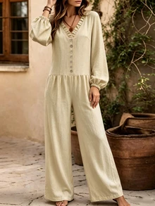 Breezaya Women's Ruched Waist Ruffle V-Neck Button Down Puff Sleeve Wide Leg Jumpsuit For Daily Vacation Wear Elegant Casual Vacation Brunch Beige Autumn - Khaki - View 10