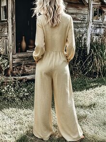 Breezaya Women's Ruched Waist Ruffle V-Neck Button Down Puff Sleeve Wide Leg Jumpsuit For Daily Vacation Wear Elegant Casual Vacation Brunch Beige Autumn - Khaki - View 2