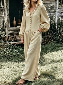 Breezaya Women's Ruched Waist Ruffle V-Neck Button Down Puff Sleeve Wide Leg Jumpsuit For Daily Vacation Wear Elegant Casual Vacation Brunch Beige Autumn - Khaki - View 9