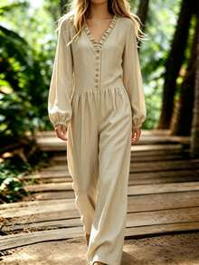 Breezaya Women's Ruched Waist Ruffle V-Neck Button Down Puff Sleeve Wide Leg Jumpsuit For Daily Vacation Wear Elegant Casual Vacation Brunch Beige Autumn - Khaki - View 11