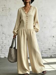 Breezaya Women's Ruched Waist Ruffle V-Neck Button Down Puff Sleeve Wide Leg Jumpsuit For Daily Vacation Wear Elegant Casual Vacation Brunch Beige Autumn - Khaki - View 5