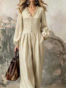 Breezaya Women's Ruched Waist Ruffle V-Neck Button Down Puff Sleeve Wide Leg Jumpsuit For Daily Vacation Wear Elegant Casual Vacation Brunch Beige Autumn - Khaki - View 3
