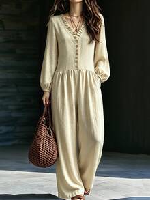 Breezaya Women's Ruched Waist Ruffle V-Neck Button Down Puff Sleeve Wide Leg Jumpsuit For Daily Vacation Wear Elegant Casual Vacation Brunch Beige Autumn - Khaki - View 1