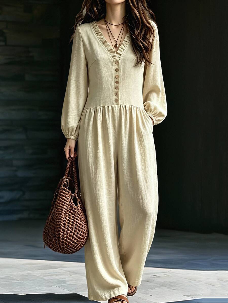 Breezaya Women's Ruched Waist Ruffle V-Neck Button Down Puff Sleeve Wide Leg Jumpsuit For Daily Vacation Wear Elegant Casual Vacation Brunch Beige Autumn - Khaki - View 1