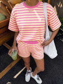 Tween Girl Casual Cute Kids Minimalist Pink Pattern Short Sleeve Shorts 2 Pieces Set, Suitable For Summer School Vacation - Multicolor - View 4