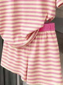 Tween Girl Casual Cute Kids Minimalist Pink Pattern Short Sleeve Shorts 2 Pieces Set, Suitable For Summer School Vacation - Multicolor - View 3