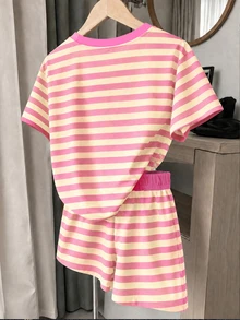 Tween Girl Casual Cute Kids Minimalist Pink Pattern Short Sleeve Shorts 2 Pieces Set, Suitable For Summer School Vacation - Multicolor - View 2