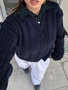DAZY 女款秋冬長袖麻花編織層次格紋襯衫 2合1 寬鬆休閒學院風街頭風返校穿搭套頭毛衣 - 藏蓝色 - 查看 5