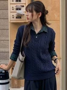 DAZY 女款秋冬長袖麻花編織層次格紋襯衫 2合1 寬鬆休閒學院風街頭風返校穿搭套頭毛衣 - 藏蓝色 - 查看 1