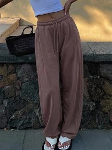 DAZY Solid Color Loose Pleated Long Pants Sports Casual Spring Women Sweatpants Fall - Coffee Brown - View 8