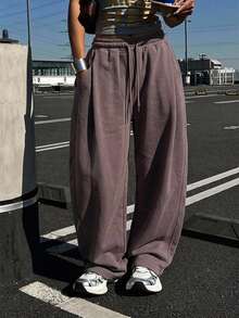 DAZY Solid Color Loose Pleated Long Pants Sports Casual Spring Women Sweatpants Fall - Coffee Brown - View 6