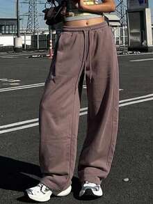 DAZY Solid Color Loose Pleated Long Pants Sports Casual Spring Women Sweatpants Fall - Coffee Brown - View 3