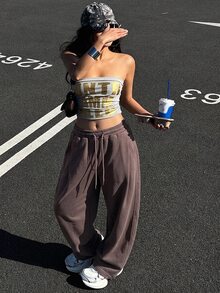 DAZY Solid Color Loose Pleated Long Pants Sports Casual Spring Women Sweatpants Fall - Coffee Brown - View 4