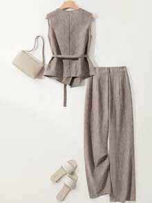 Breezaya Women's Asymmetric Design Sleeveless Shirt And Pleated Button Decor Wide Leg Pants 2-Piece Set, Casual And Comfortable For Spring/Summer Commuting - Brown - View 2