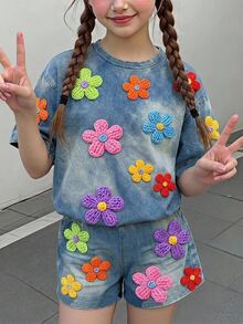 Tween女孩休閒可愛紋理碎花甜奶油風田園風圓領短袖T恤＋寬鬆短褲兩件套，適合春夏，圖案舒適女孩套裝，Y2K復古度假風 - 彩色 - 查看 1