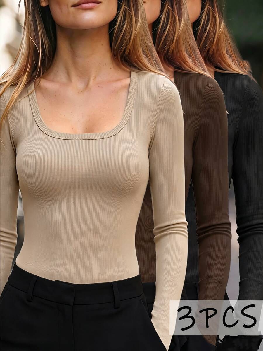 EMERY ROSE Women's Solid Color Square Neck Long Sleeve Fitted T-Shirt 3 Pieces Set - Multicolor - View 1