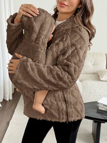 SHEIN 孕婦純色休閒日常三合一外套 - 棕色 - 查看 8