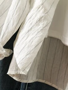 SHEIN 青少年女孩秋季返校米色細條紋長袖鈕扣襯衫，假日校園六年級休閒街頭風上衣 - 杏色 - 查看 8